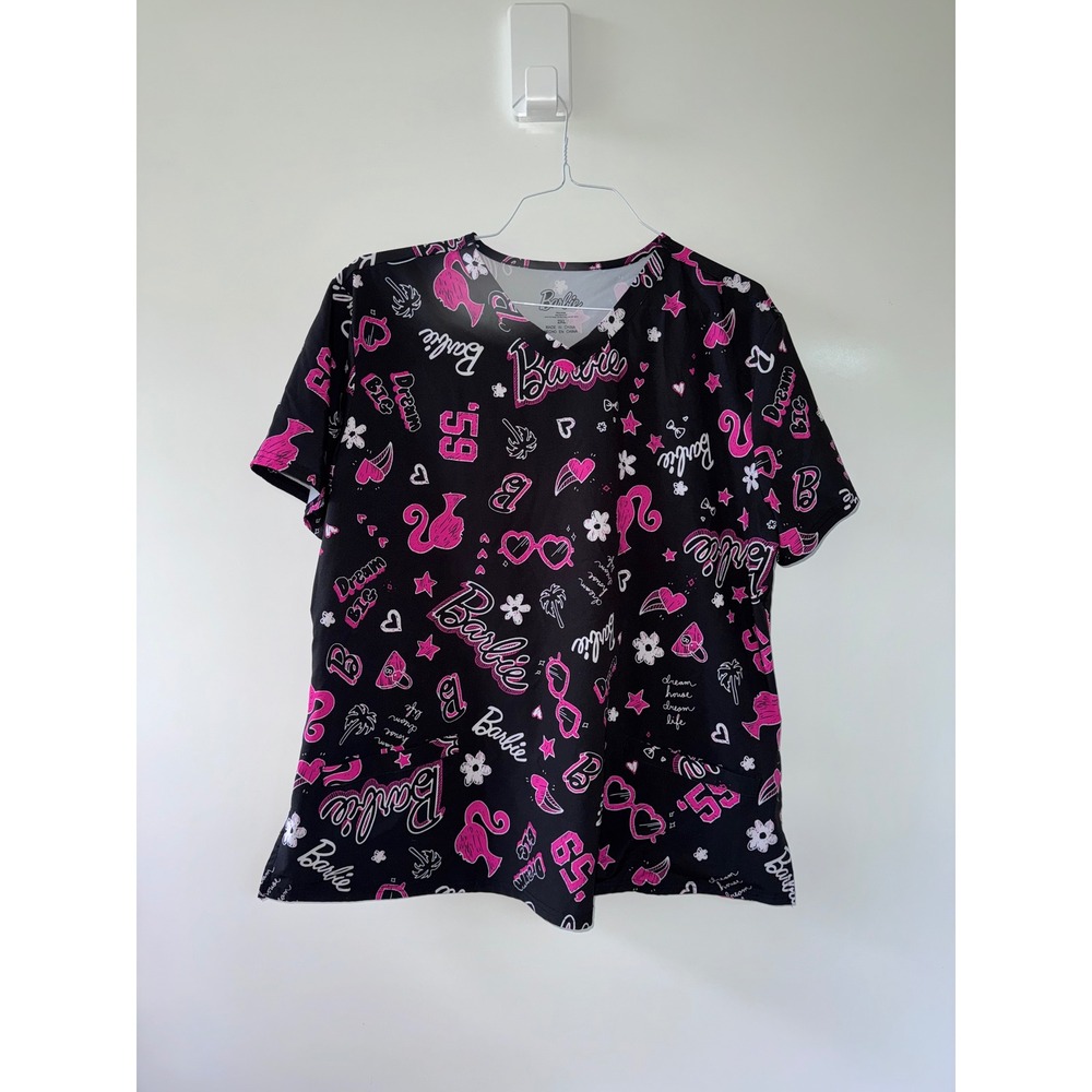 Barbie Womens Scrub Top 2XL Black Pink Dream House V-Neck Medical Uniform 1BL054